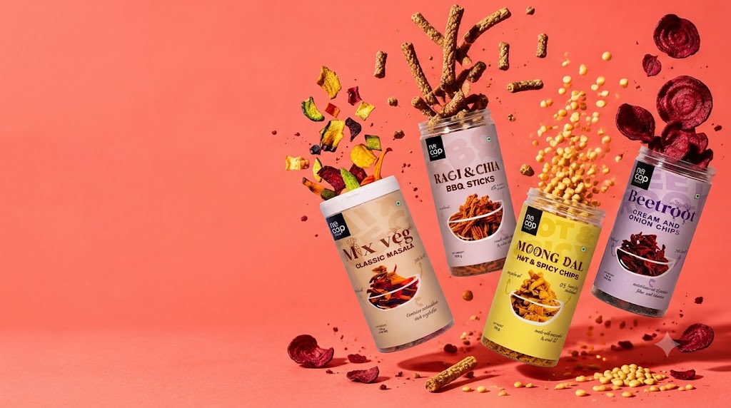 Colorful snack canisters bursting with beetroot chips, ragi sticks and moong dal